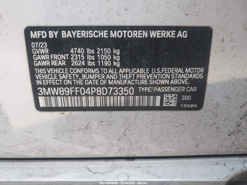 2023 BMW 330I xDrive VIN: 3MW89FF04P8D73350 Lot: 43943090