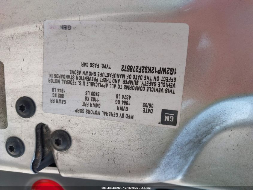 2002 Pontiac Grand Prix Gt VIN: 1G2WP12K92F278572 Lot: 43943092