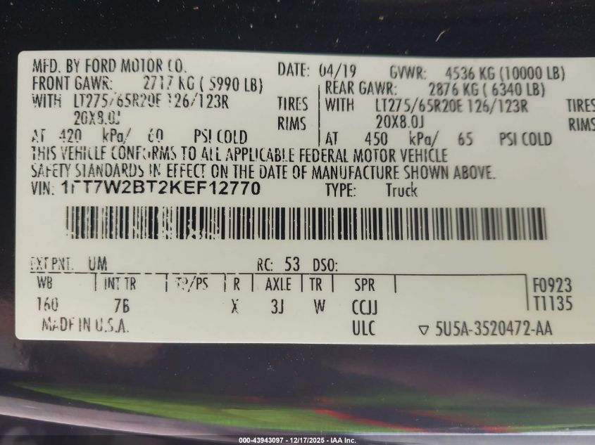 2019 Ford F-250 Platinum VIN: 1FT7W2BT2KEF12770 Lot: 43943097