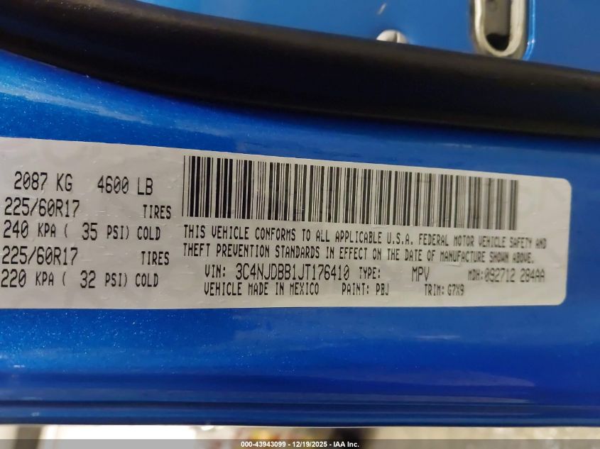 2018 Jeep Compass Latitude 4X4 VIN: 3C4NJDBB1JT176410 Lot: 43943099