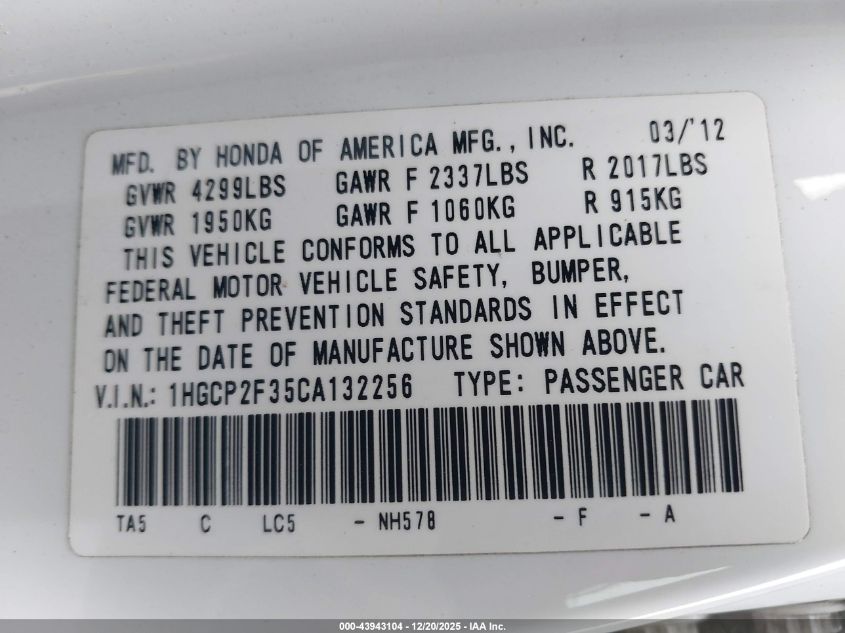 2012 Honda Accord 2.4 Lx VIN: 1HGCP2F35CA132256 Lot: 43943104
