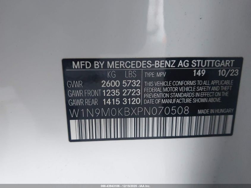2023 Mercedes-Benz Eqb 300 Suv 4Matic VIN: W1N9M0KBXPN070508 Lot: 43943106
