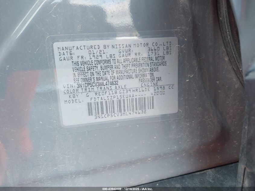 2021 Nissan Kicks Sv Xtronic Cvt VIN: 3N1CP5CV3ML474632 Lot: 43943108