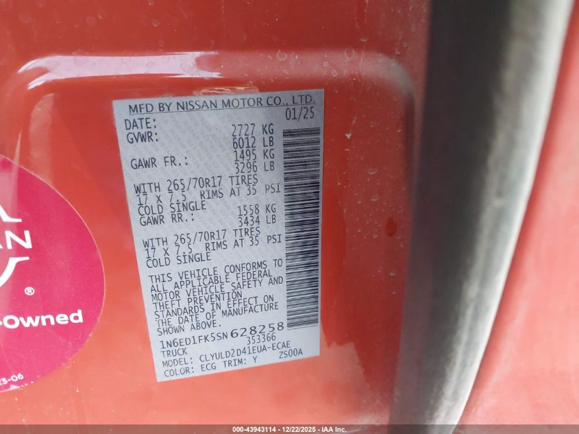 2025 Nissan Frontier Long Bed Pro-4X 4X4 VIN: 1N6ED1FK5SN628258 Lot: 43943114