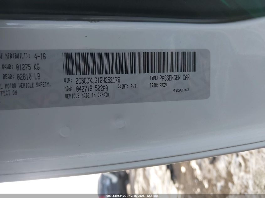 2016 Dodge Charger Sxt VIN: 2C3CDXJG1GH252176 Lot: 43943120