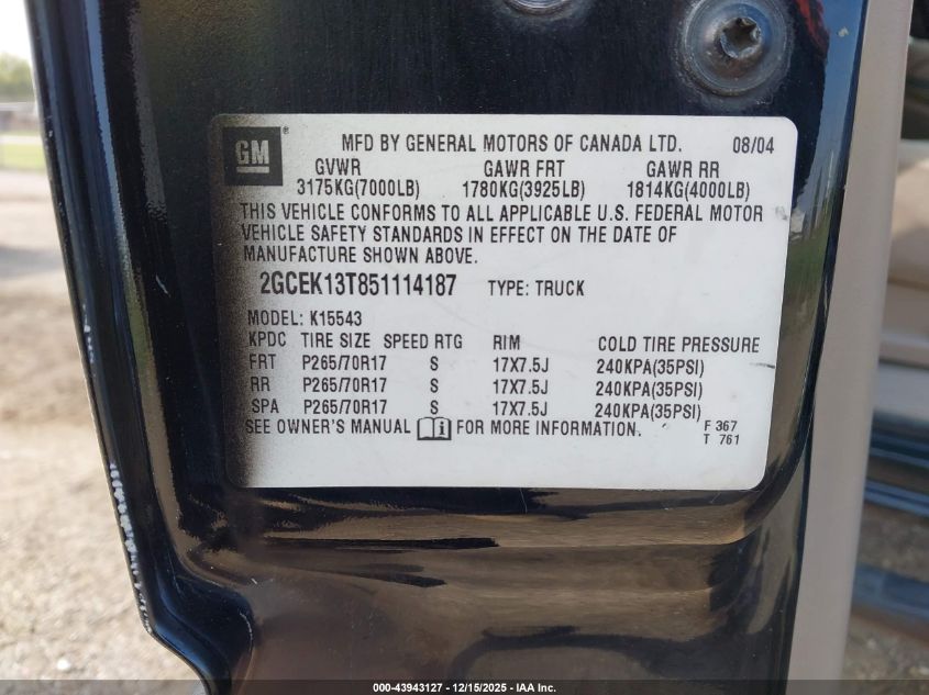 2005 Chevrolet Silverado 1500 Z71 VIN: 2GCEK13T851114187 Lot: 43943127