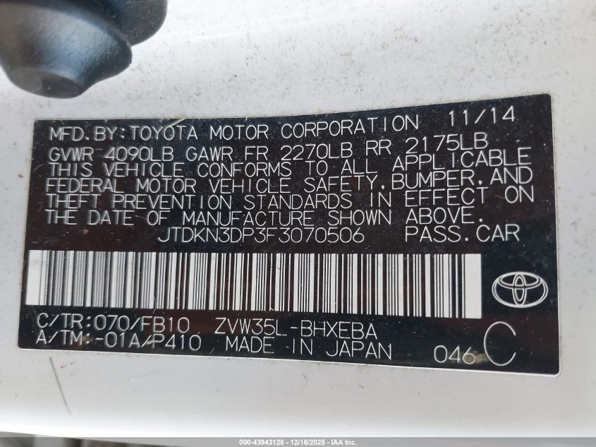 2015 Toyota Prius Plug-In VIN: JTDKN3DP3F3070506 Lot: 43943128