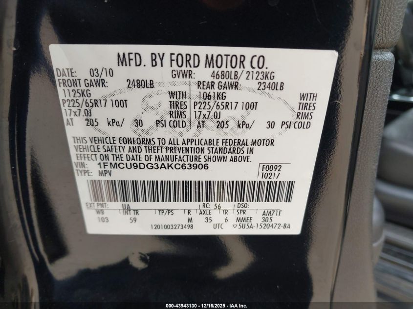 2010 Ford Escape Xlt VIN: 1FMCU9DG3AKC63906 Lot: 43943130