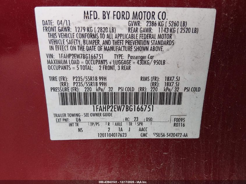 2011 Ford Taurus Sel VIN: 1FAHP2EW7BG166751 Lot: 43943141