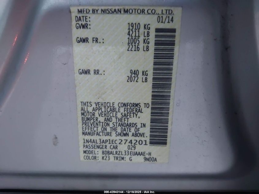 2014 Nissan Altima 2.5 S VIN: 1N4AL3AP1EC274201 Lot: 43943144