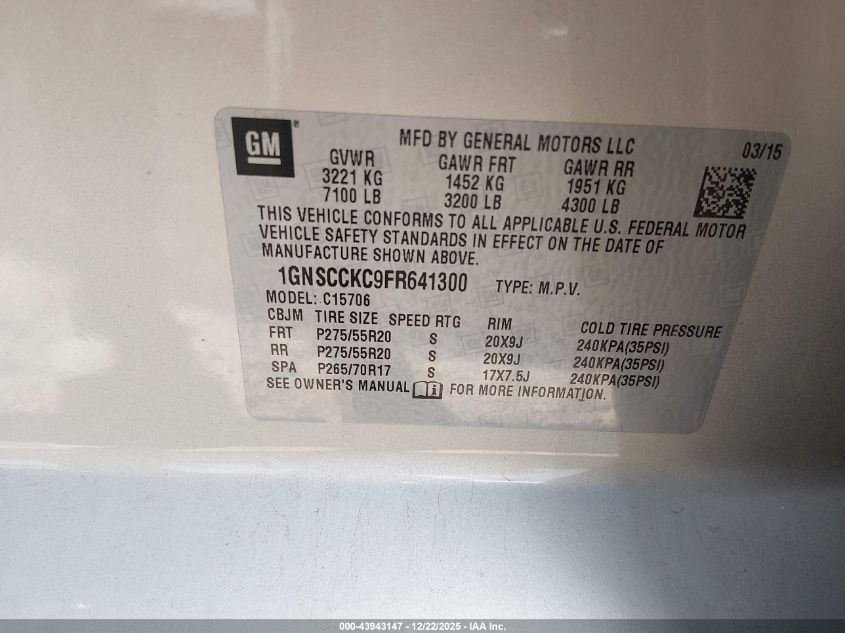 2015 Chevrolet Tahoe Ltz VIN: 1GNSCCKC9FR641300 Lot: 43943147