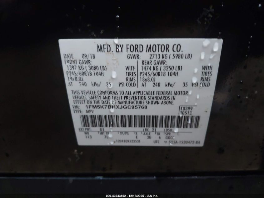 2018 Ford Explorer VIN: 1FM5K7BHXJGC95768 Lot: 43943152