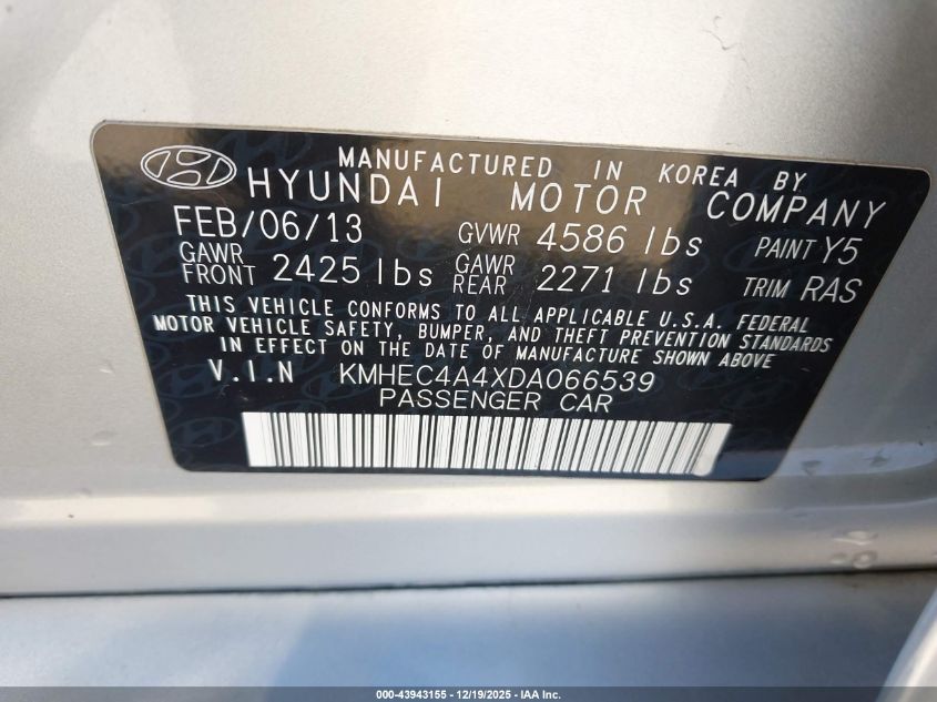 2013 Hyundai Sonata Hybrid Limited VIN: KMHEC4A4XDA066539 Lot: 43943155