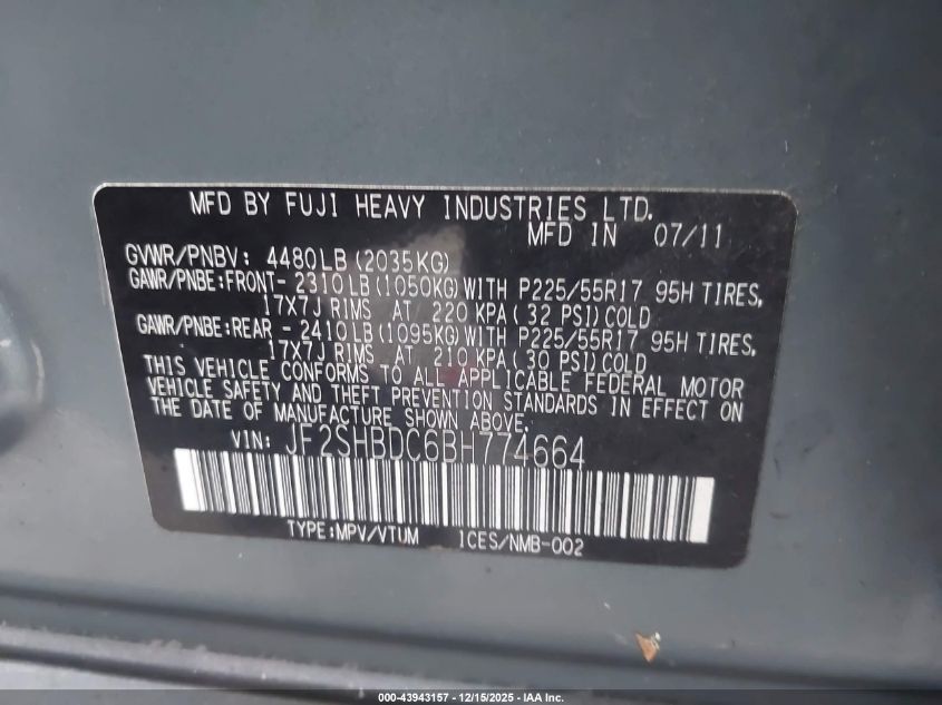 2011 Subaru Forester 2.5X Premium VIN: JF2SHBDC6BH774664 Lot: 43943157