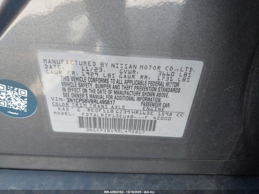 2024 Nissan Kicks S Xtronic Cvt VIN: 3N1CP5BV9RL495817 Lot: 43943162