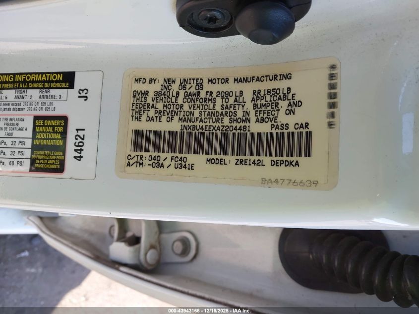 2010 Toyota Corolla Le VIN: 1NXBU4EEXAZ204481 Lot: 43943166