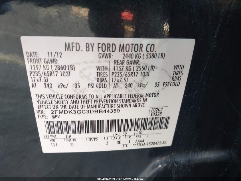 2013 Ford Edge Se VIN: 2FMDK3GC3DBB44350 Lot: 43943169