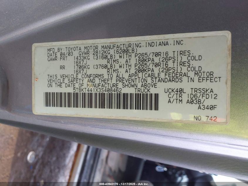 2003 Toyota Tundra Sr5 V8 VIN: 5TBKT441X3S408462 Lot: 43943170