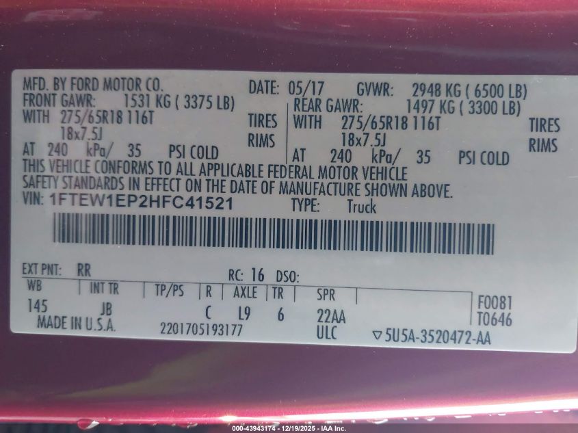 2017 Ford F-150 Xlt VIN: 1FTEW1EP2HFC41521 Lot: 43943174
