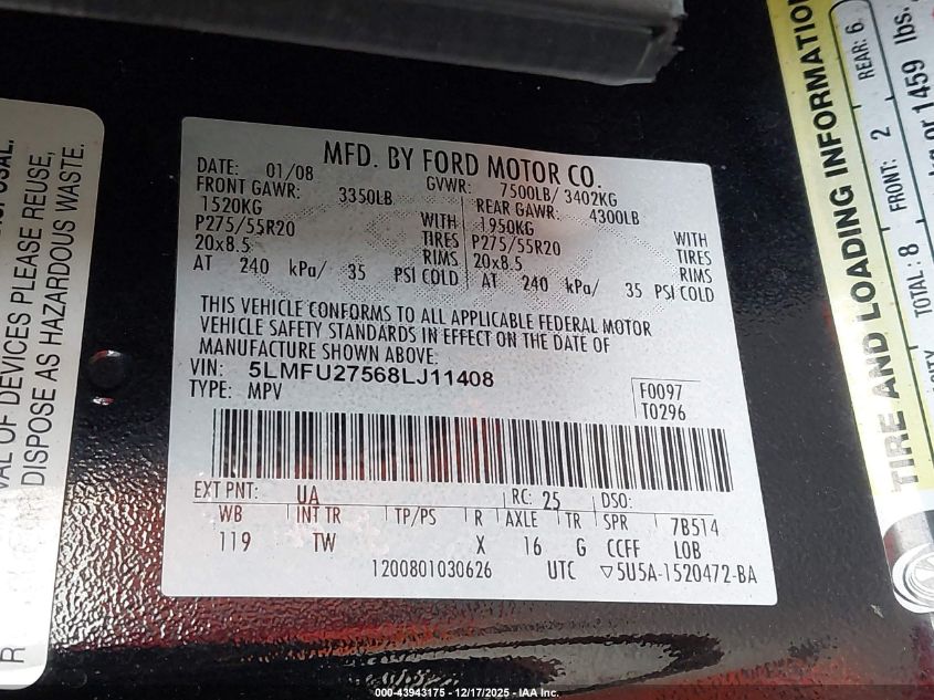 2008 Lincoln Navigator VIN: 5LMFU27568LJ11408 Lot: 43943175