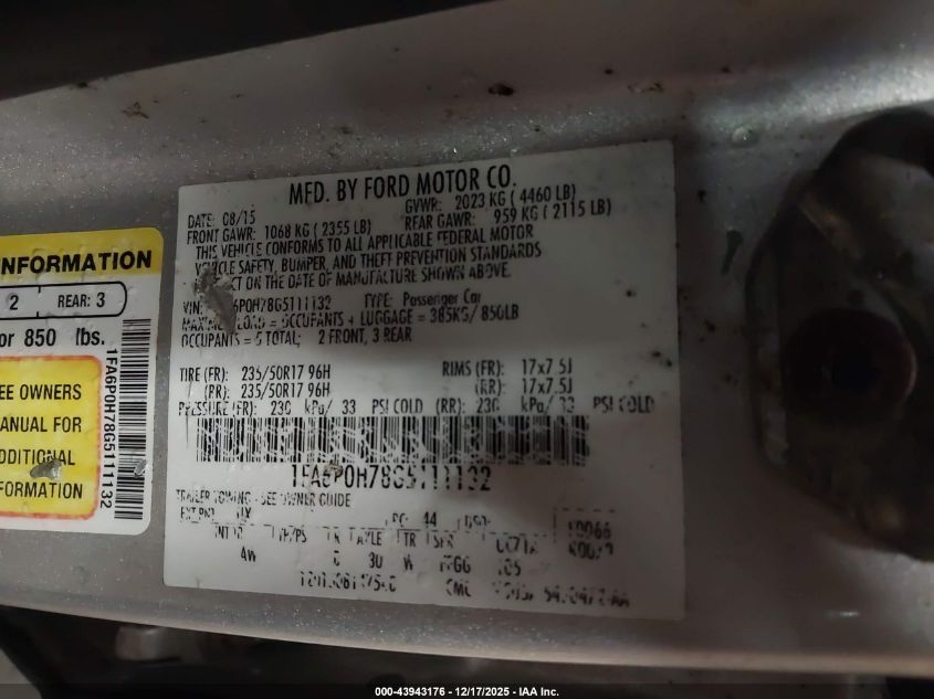 2016 Ford Fusion Se VIN: 1FA6P0H78G5111132 Lot: 43943176