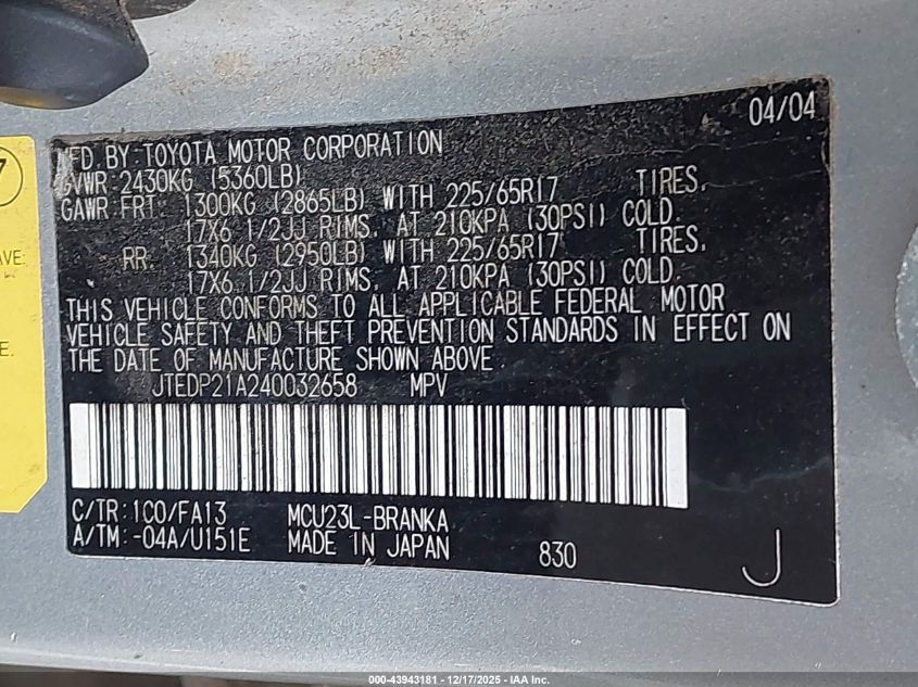 2004 Toyota Highlander Limited V6 VIN: JTEDP21A240032658 Lot: 43943181