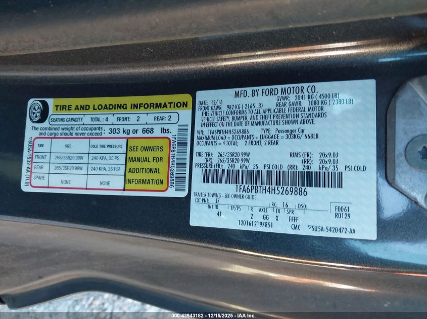 2017 Ford Mustang Ecoboost VIN: 1FA6P8TH4H5269886 Lot: 43943182