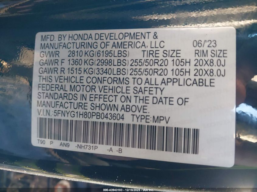 2023 Honda Pilot Awd Elite VIN: 5FNYG1H80PB043604 Lot: 43943183