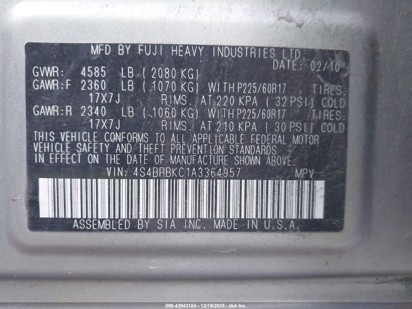 2010 Subaru Outback 2.5I Limited VIN: 4S4BRBKC1A3364957 Lot: 43943184