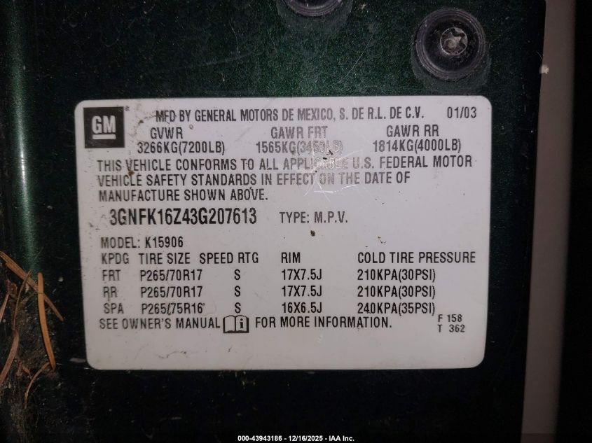 2003 Chevrolet Suburban 1500 Z71 VIN: 3GNFK16Z43G207613 Lot: 43943186