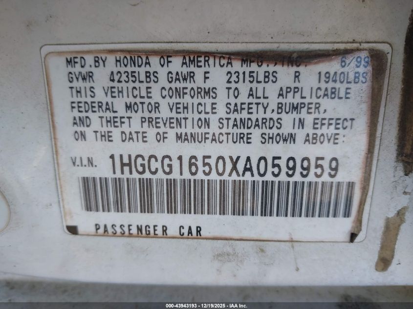 1999 Honda Accord Ex V6 VIN: 1HGCG1650XA059959 Lot: 43943193