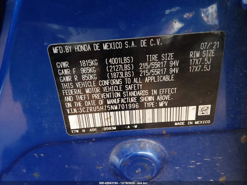 2022 Honda Hr-V 2Wd Ex-L VIN: 3CZRU5H75NM701996 Lot: 43943194