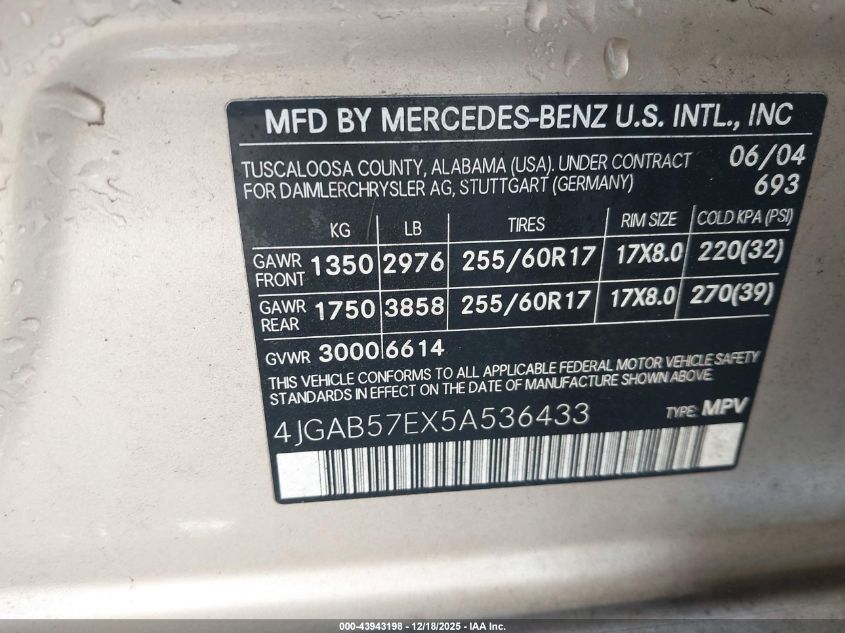 2005 Mercedes-Benz Ml 350 4Matic VIN: 4JGAB57EX5A536433 Lot: 43943198