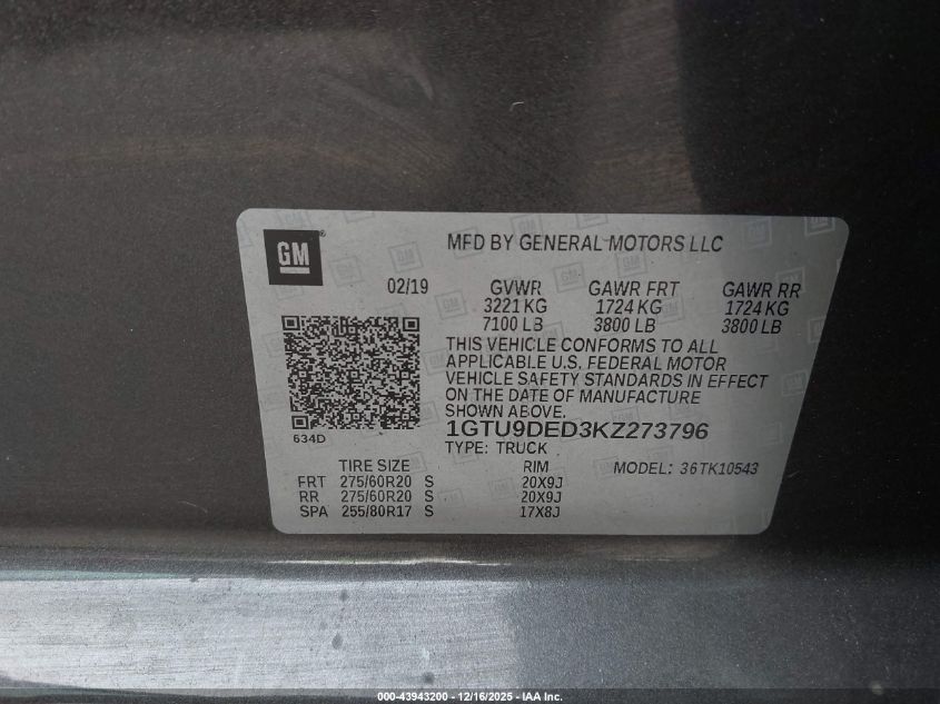 2019 GMC Sierra 1500 Slt VIN: 1GTU9DED3KZ273796 Lot: 43943200