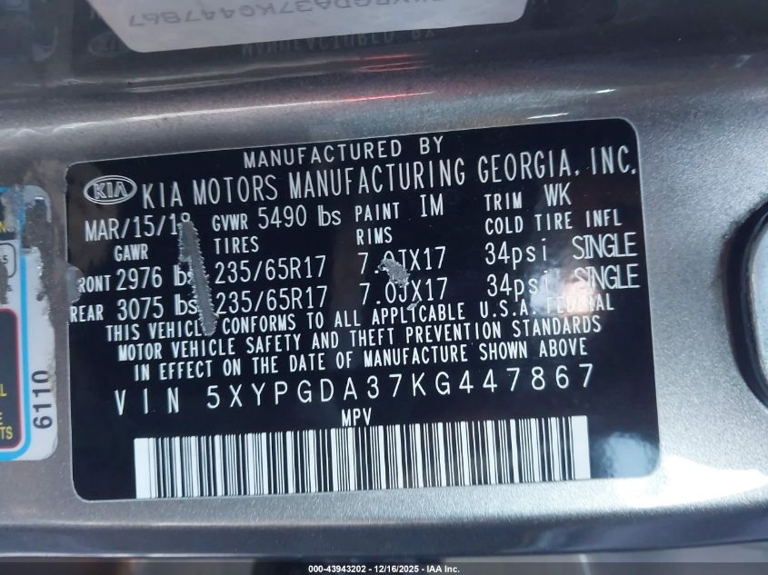 2019 Kia Sorento 2.4L Lx VIN: 5XYPGDA37KG447867 Lot: 43943202