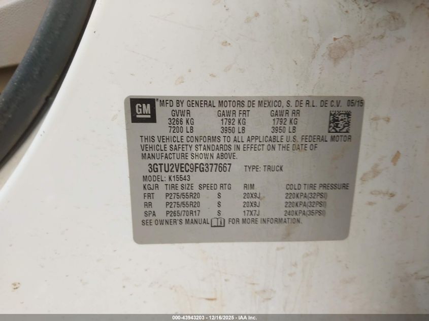 2015 GMC Sierra 1500 Slt VIN: 3GTU2VEC9FG377667 Lot: 43943203