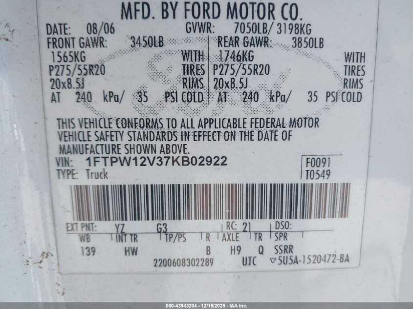 2007 Ford F-150 Lariat/Xlt VIN: 1FTPW12V37KB02922 Lot: 43943204