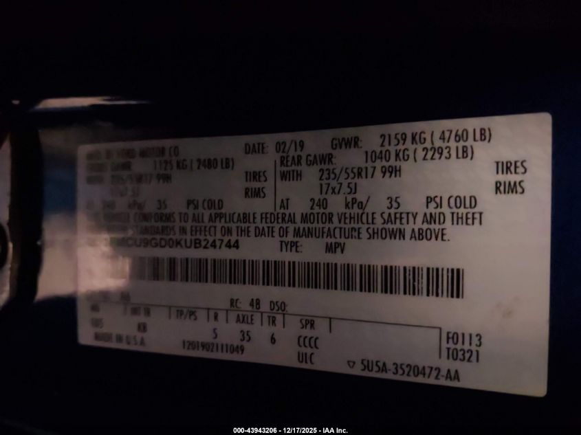 2019 Ford Escape Se VIN: 1FMCU9GD0KUB24744 Lot: 43943206