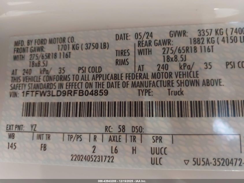 2024 Ford F-150 Xlt VIN: 1FTFW3LD9RFB04859 Lot: 43943208