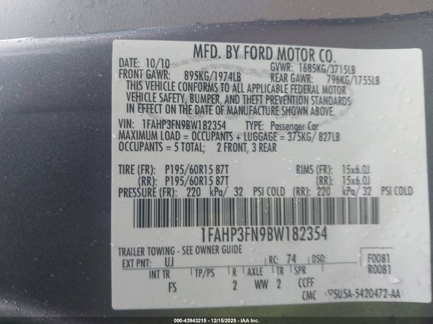 2011 Ford Focus Se VIN: 1FAHP3FN9BW182354 Lot: 43943215