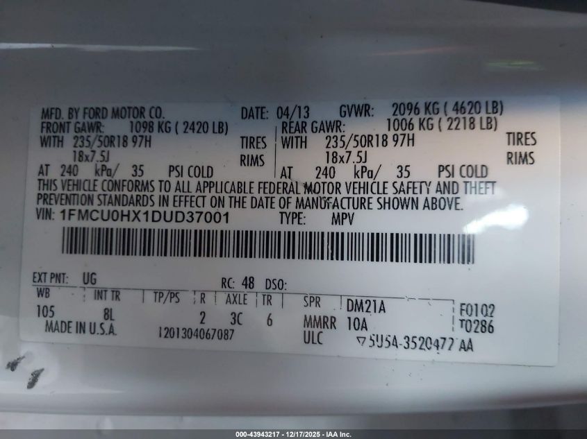 2013 Ford Escape Sel VIN: 1FMCU0HX1DUD37001 Lot: 43943217