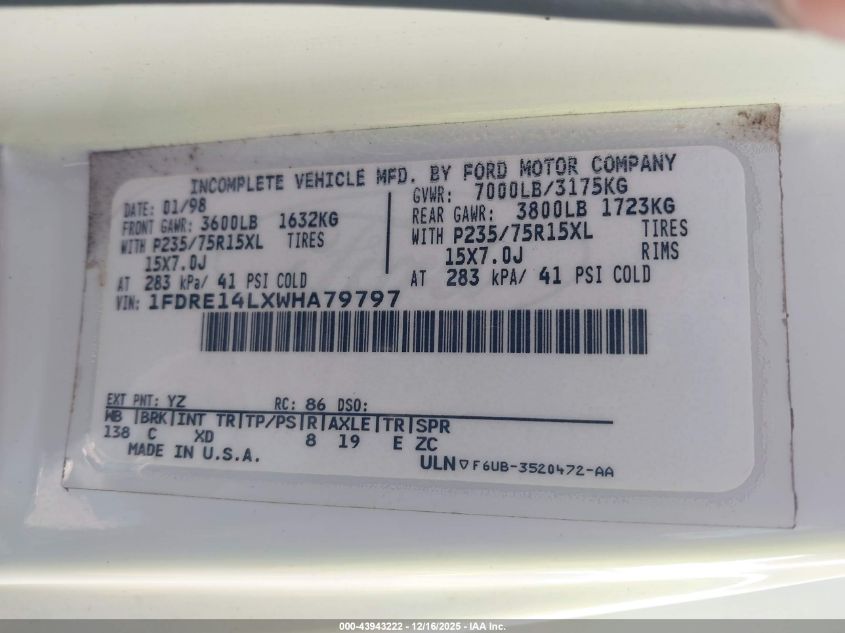 1998 Ford E-150 Recreational VIN: 1FDRE14LXWHA79797 Lot: 43943222