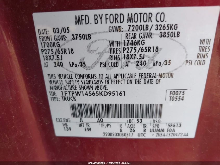 2005 Ford F-150 Fx4/Lariat/Xlt VIN: 1FTPW14565KD95161 Lot: 43943223