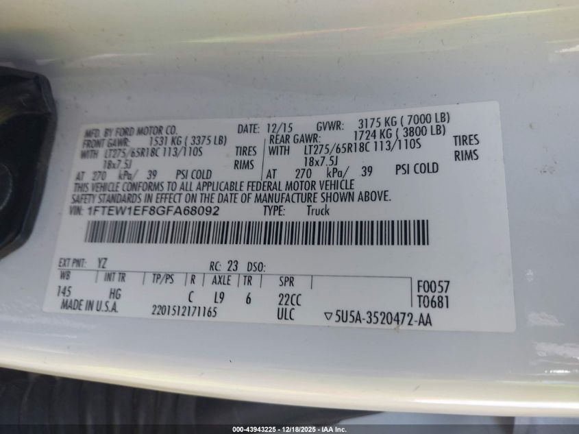 2016 Ford F-150 Lariat VIN: 1FTEW1EF8GFA68092 Lot: 43943225