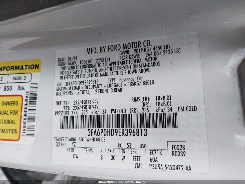 2014 Ford Fusion Se VIN: 3FA6P0HD9ER396813 Lot: 43943227