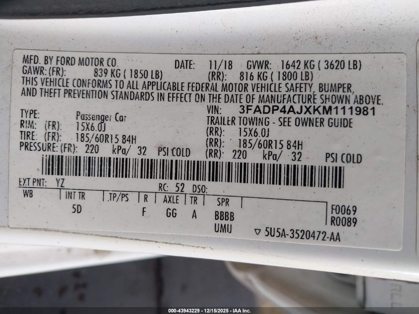 2019 Ford Fiesta S VIN: 3FADP4AJXKM111981 Lot: 43943229