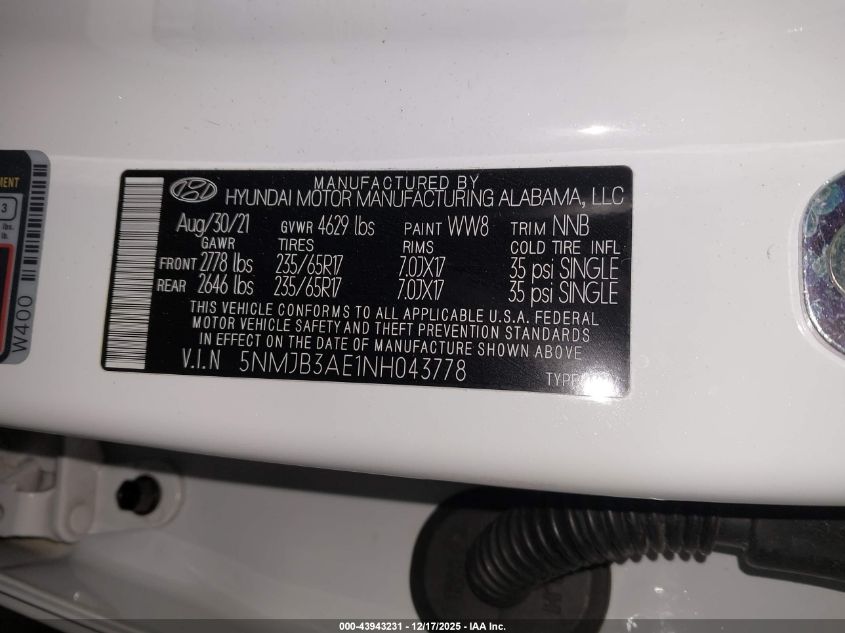 2022 Hyundai Tucson Sel VIN: 5NMJB3AE1NH043778 Lot: 43943231