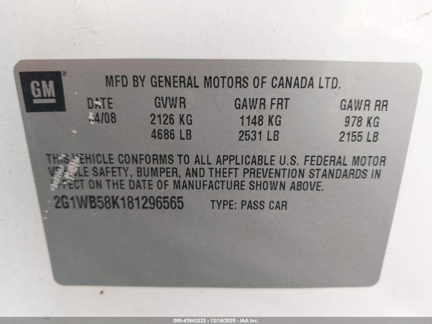 2008 Chevrolet Impala Ls VIN: 2G1WB58K181296565 Lot: 43943232