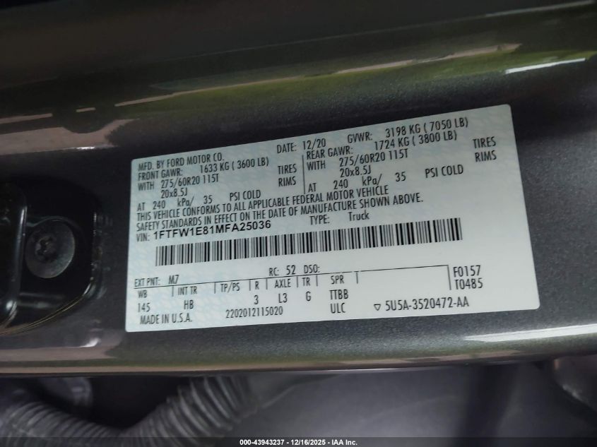 2021 Ford F-150 Lariat VIN: 1FTFW1E81MFA25036 Lot: 43943237