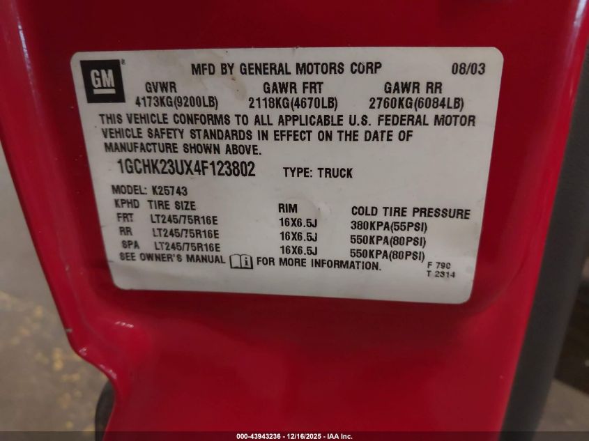 2004 Chevrolet Silverado 2500Hd Ls VIN: 1GCHK23UX4F123802 Lot: 43943236